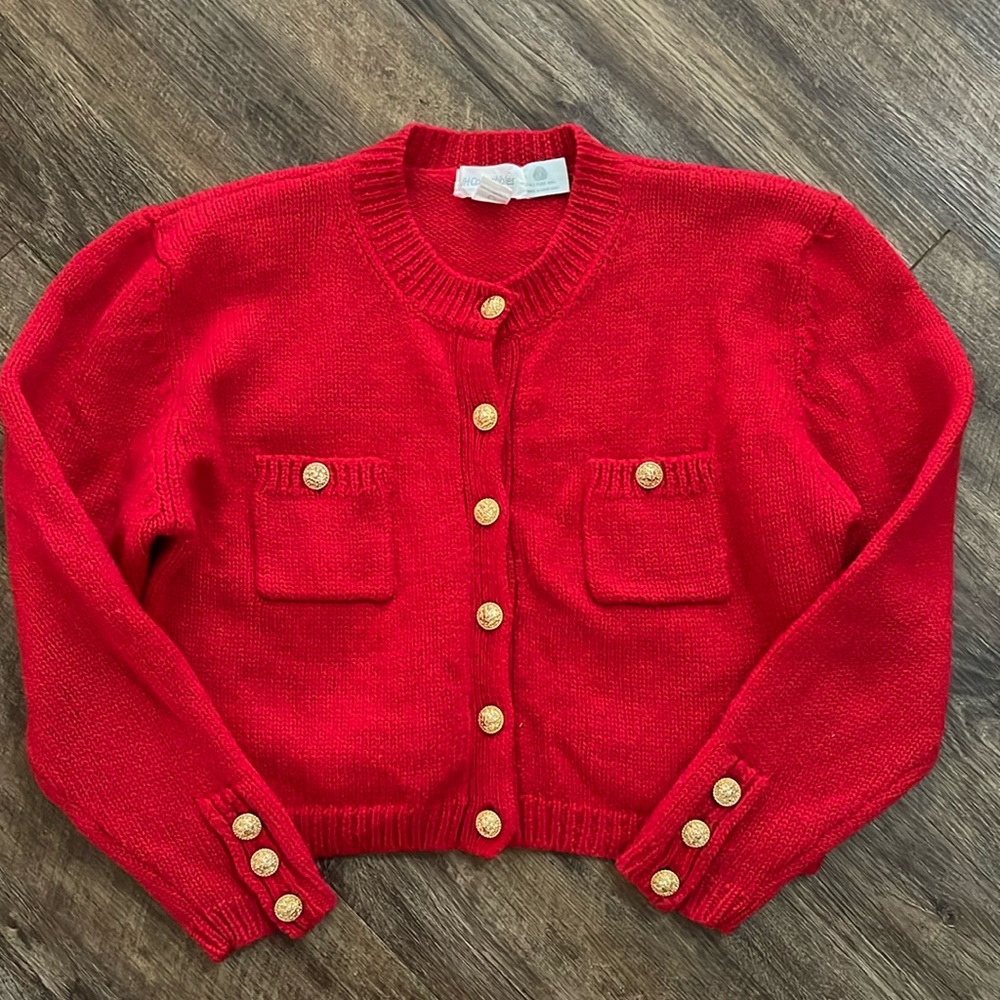 Vintage 100% Wool Red Cardigan with Gold Buttons